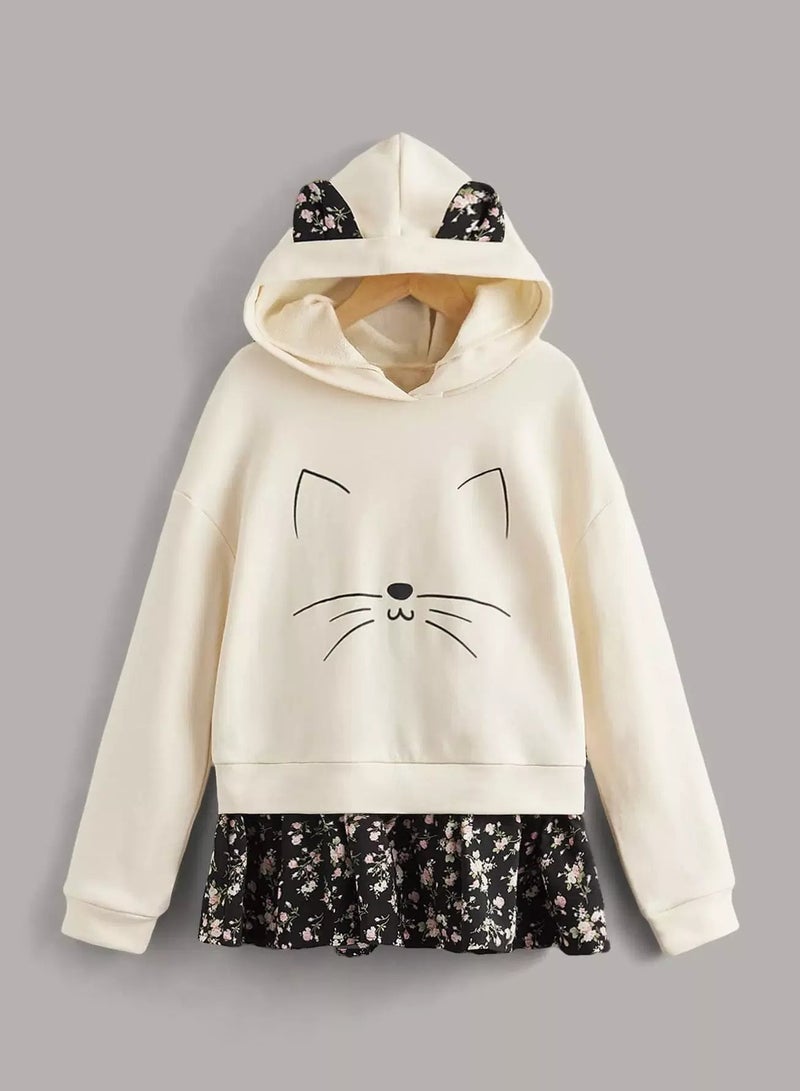 Girls Ditsy Floral 3D Ear Design 2 In 1 Hoodie - Image 1
