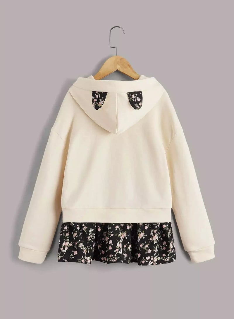 Girls Ditsy Floral 3D Ear Design 2 In 1 Hoodie - Image 2