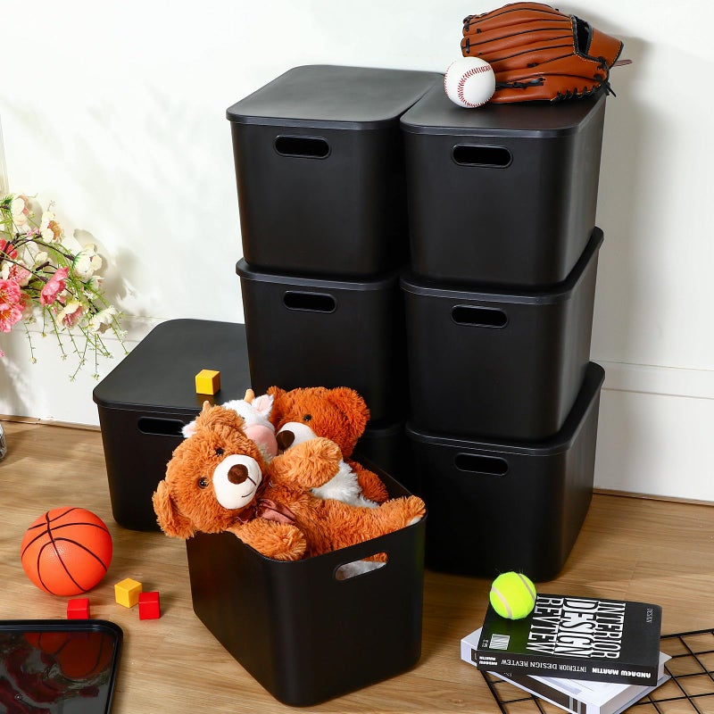 Hoolerry 8 Pieces Colorful Storage Bins with Lid, Plastic Storage Basket Organizing Container Stackable Box with Handle for Shelves Desktop Playroom Office(14.2 x 10.2 x 9.5 Inch,Black) - Image 4