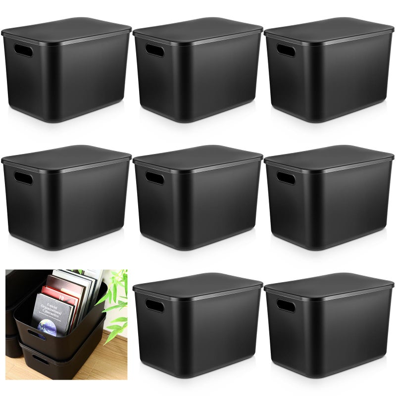 Hoolerry 8 Pieces Colorful Storage Bins with Lid, Plastic Storage Basket Organizing Container Stackable Box with Handle for Shelves Desktop Playroom Office(14.2 x 10.2 x 9.5 Inch,Black) - Image 1