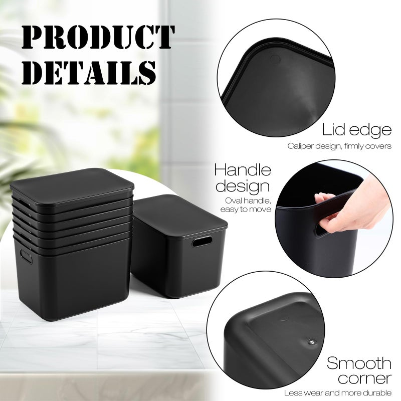 Hoolerry 8 Pieces Colorful Storage Bins with Lid, Plastic Storage Basket Organizing Container Stackable Box with Handle for Shelves Desktop Playroom Office(14.2 x 10.2 x 9.5 Inch,Black) - Image 3