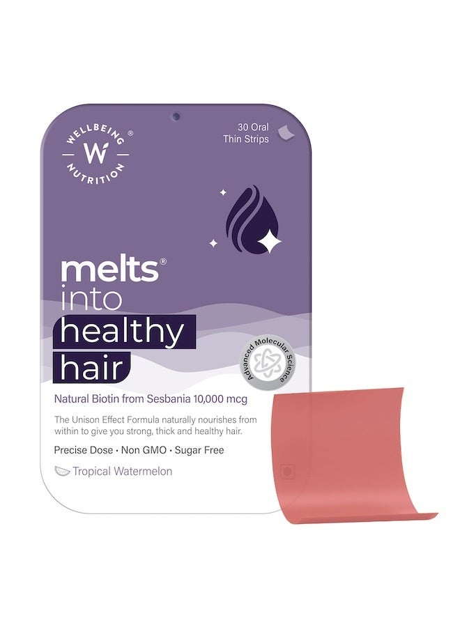 WELLBEING NUTRITION Melts Healthy Hair | Pure Biotin 10,000mcg, Keratin, Zinc, Folic Acid for Stronger, Shinier Hair, Strength & Thickness, 30 Oral Strips - Image 1