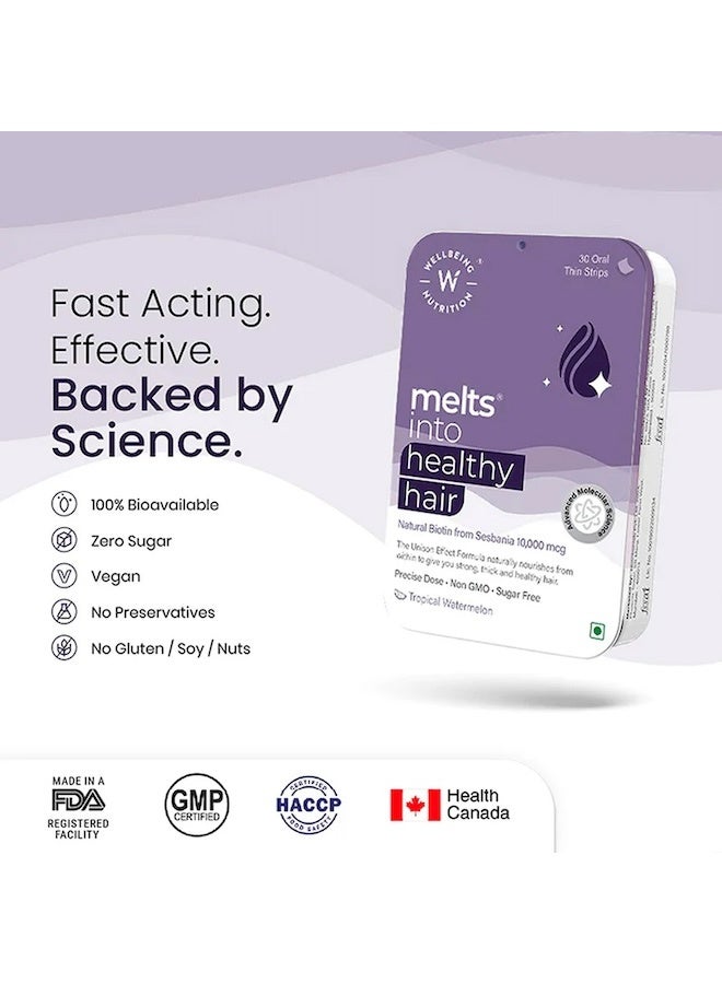 WELLBEING NUTRITION Melts Healthy Hair | Pure Biotin 10,000mcg, Keratin, Zinc, Folic Acid for Stronger, Shinier Hair, Strength & Thickness, 30 Oral Strips - Image 4
