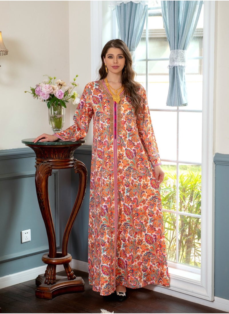 ShineShe - Muslim Abaya Women's Casual Home Vacation Style Golden Beaded Printed Long Robe - Image 1