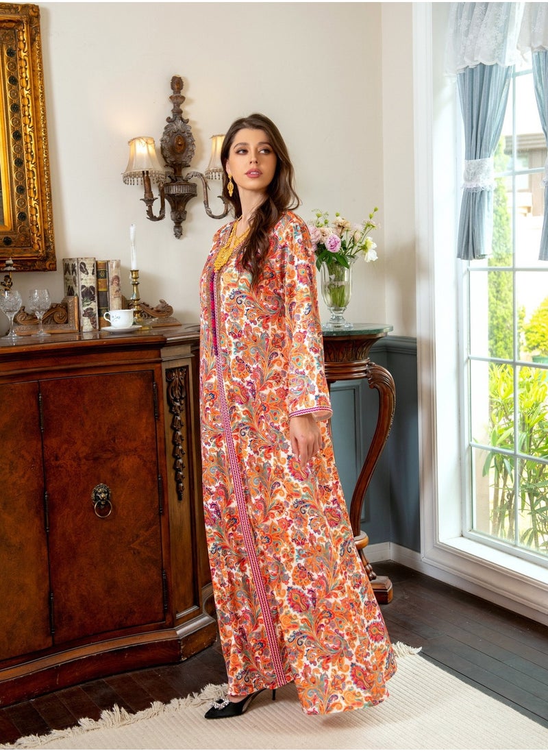 ShineShe - Muslim Abaya Women's Casual Home Vacation Style Golden Beaded Printed Long Robe - Image 1