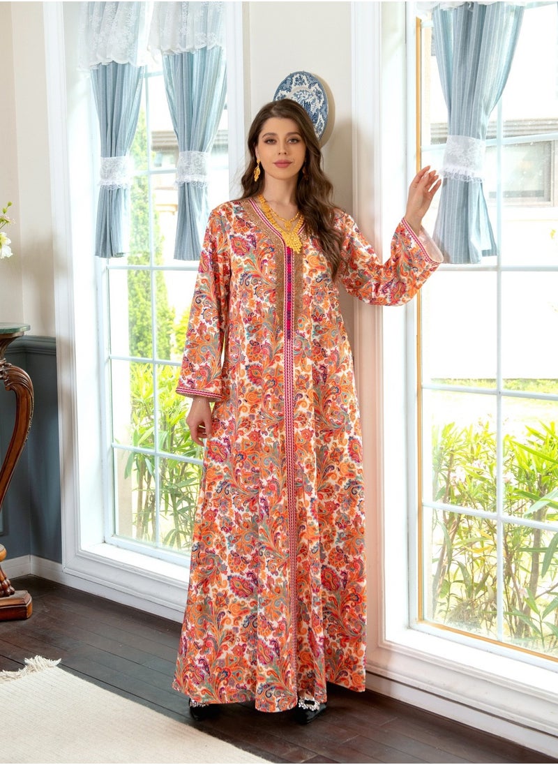 ShineShe - Muslim Abaya Women's Casual Home Vacation Style Golden Beaded Printed Long Robe - Image 1