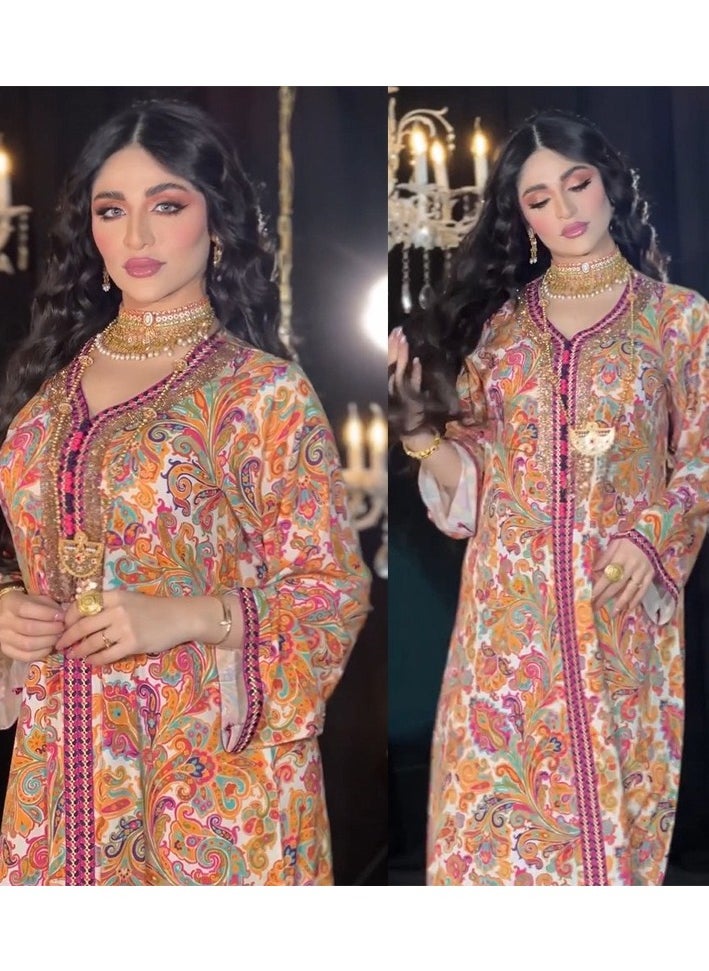 ShineShe - Muslim Abaya Women's Casual Home Vacation Style Golden Beaded Printed Long Robe - Image 1
