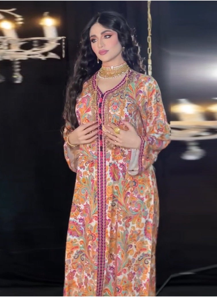 ShineShe - Muslim Abaya Women's Casual Home Vacation Style Golden Beaded Printed Long Robe - Image 1