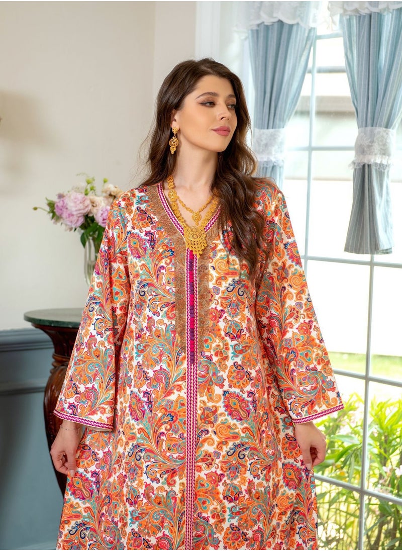 ShineShe - Muslim Abaya Women's Casual Home Vacation Style Golden Beaded Printed Long Robe - Image 1