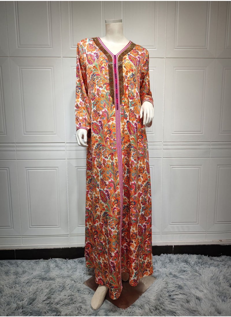 ShineShe - Muslim Abaya Women's Casual Home Vacation Style Golden Beaded Printed Long Robe - Image 1