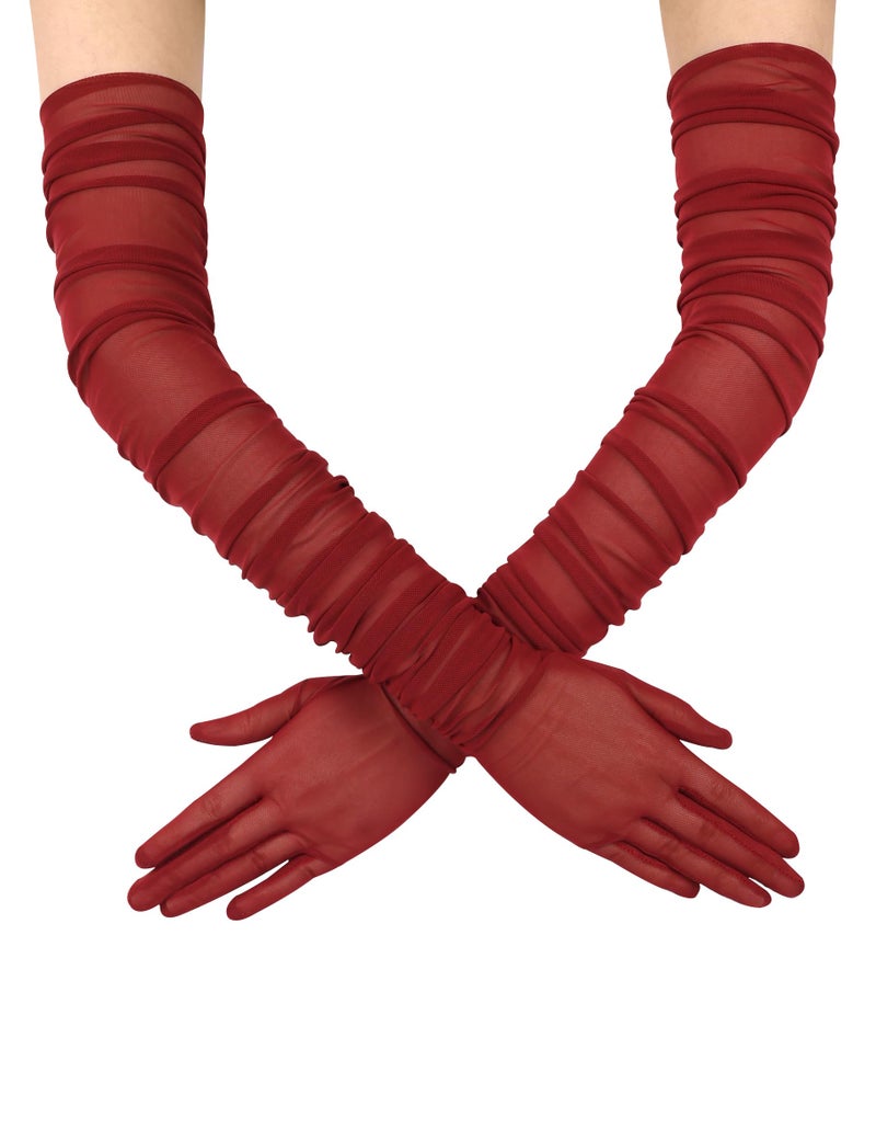 QRBTSCL Women's Stretchy Super Long Tulle Gloves Ruched Opera Mush Semi Sheer Gloves for Evening Party Burgundy - Image 1