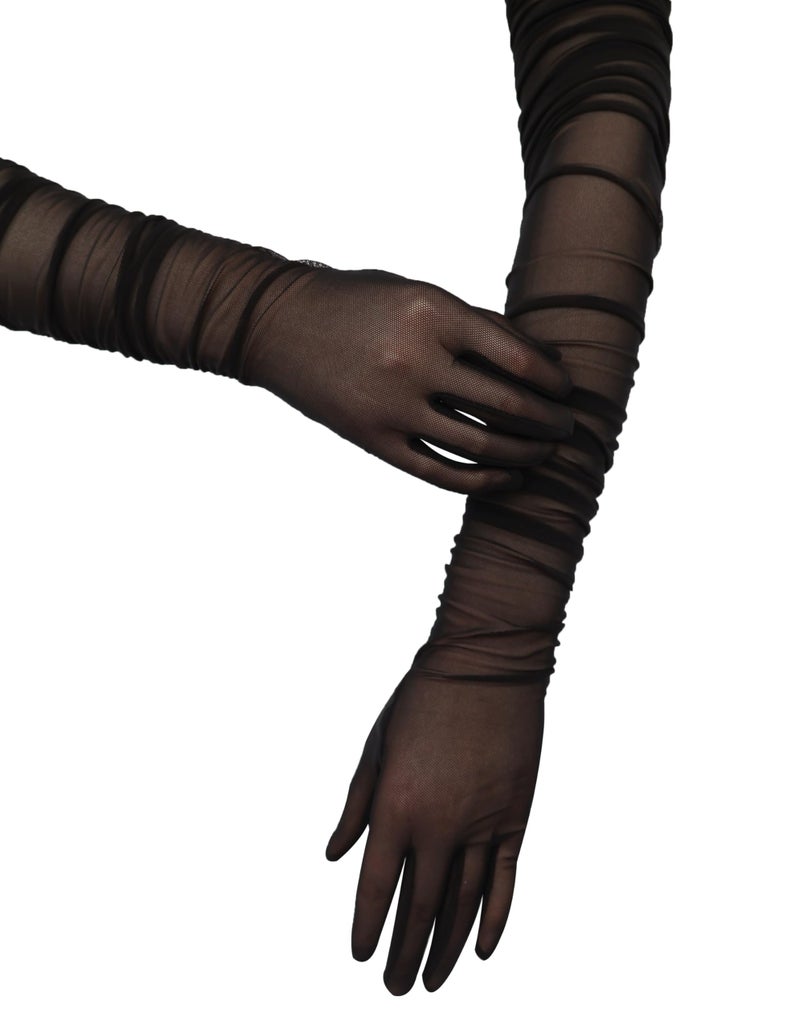 QRBTSCL Women's Stretchy Super Long Tulle Gloves Ruched Opera Mush Semi Sheer Gloves for Evening Party Burgundy - Image 4