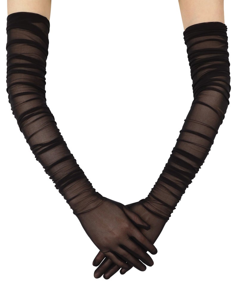 QRBTSCL Women's Stretchy Super Long Tulle Gloves Ruched Opera Mush Semi Sheer Gloves for Evening Party Burgundy - Image 5