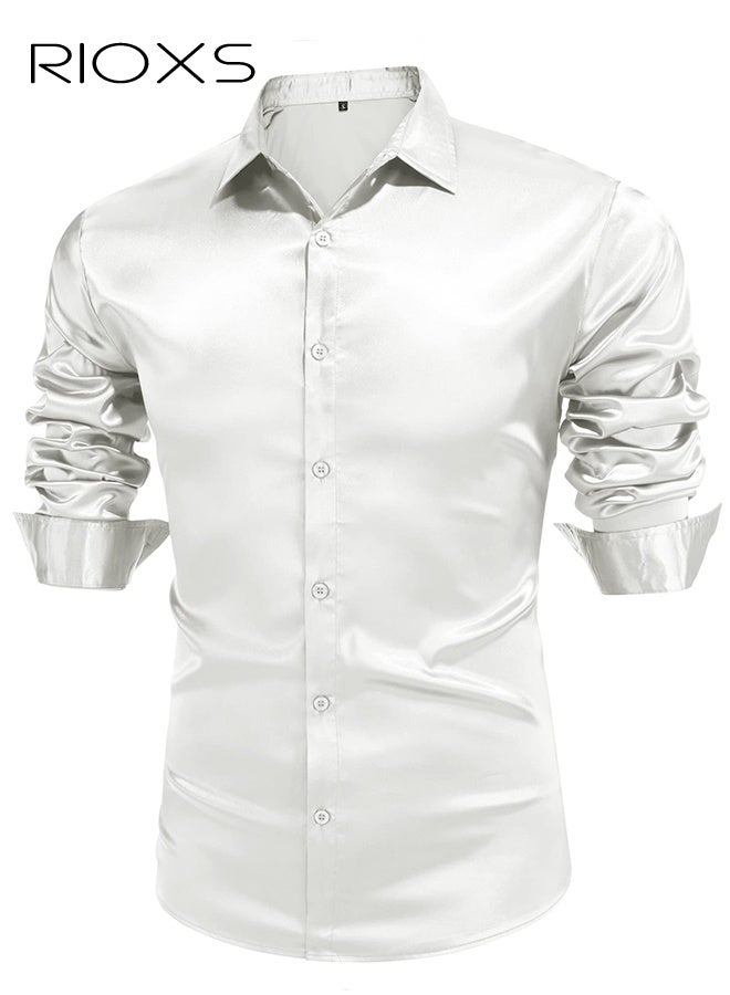 RIOXS Men's Luxury Shiny Silk Like Satin Dress Shirt Long Sleeve Casual Slim Fit Muscle Button Up Shirts, All Season Versatile White Dress Shirt, Wedding Guest Formal Shirt, Gala Dinner Appropriate Attire - Image 2