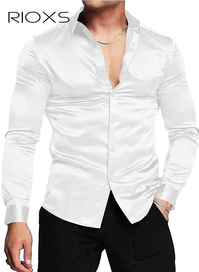 RIOXS Men's Luxury Shiny Silk Like Satin Dress Shirt Long Sleeve Casual Slim Fit Muscle Button Up Shirts, All Season Versatile White Dress Shirt, Wedding Guest Formal Shirt, Gala Dinner Appropriate Attire - Image 1