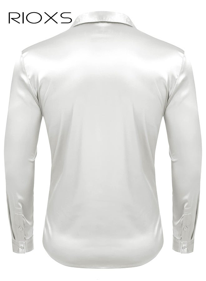 RIOXS Men's Luxury Shiny Silk Like Satin Dress Shirt Long Sleeve Casual Slim Fit Muscle Button Up Shirts, All Season Versatile White Dress Shirt, Wedding Guest Formal Shirt, Gala Dinner Appropriate Attire - Image 3