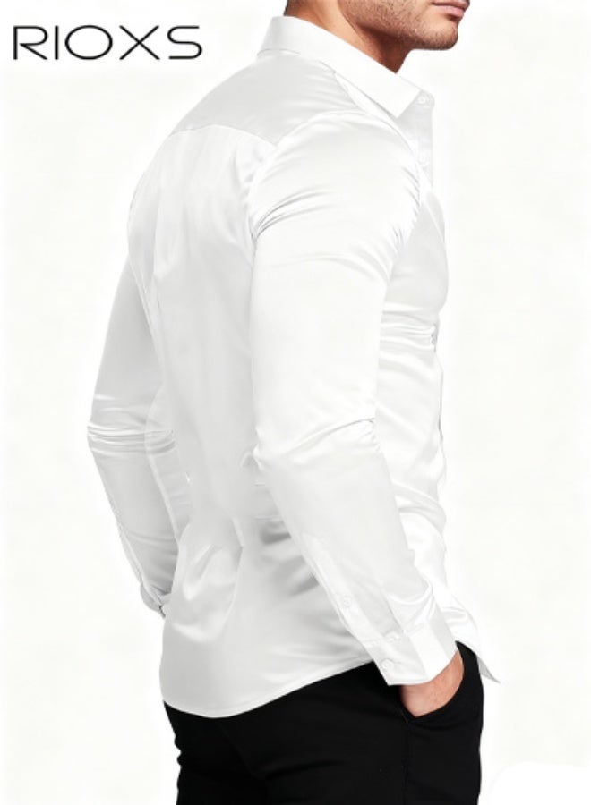 RIOXS Men's Luxury Shiny Silk Like Satin Dress Shirt Long Sleeve Casual Slim Fit Muscle Button Up Shirts, All Season Versatile White Dress Shirt, Wedding Guest Formal Shirt, Gala Dinner Appropriate Attire - Image 4