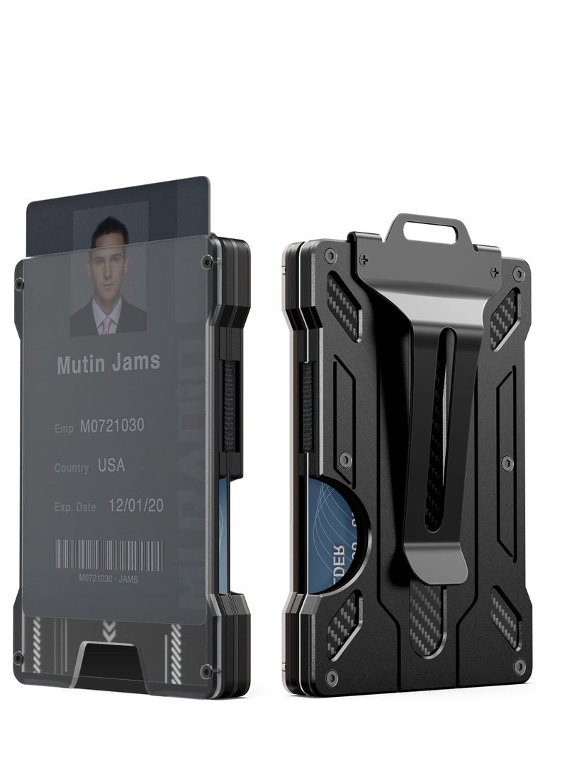 KASTWAVE Wallet For Men Slim Aluminum Metal Money Clip with Transparent Work RFID Metal Wallet Work ID Card Holder Business Card Holder with Clear Window ID Badge Clip Cash Card Slim Minimalist Wallet (Black)  - Image 1