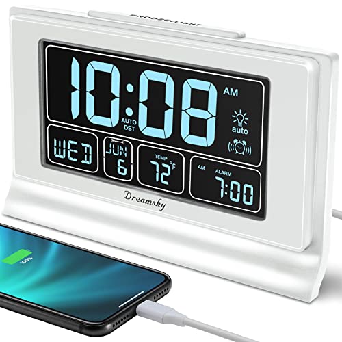 DreamSky Alarm Clocks for Bedrooms with Battery Backup, Auto Set Digital Clock with Date and Day of Week, 5 Inch Large Display with Weekday Temperature, USB Ports, Auto DST, Brightness Dimmer, 12/24H - Image 1