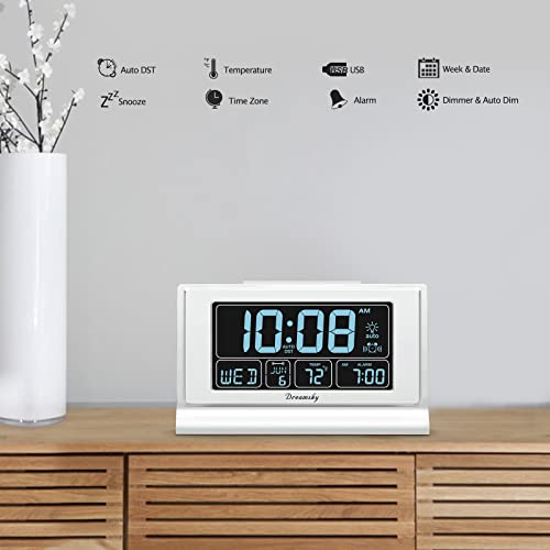 DreamSky Alarm Clocks for Bedrooms with Battery Backup, Auto Set Digital Clock with Date and Day of Week, 5 Inch Large Display with Weekday Temperature, USB Ports, Auto DST, Brightness Dimmer, 12/24H - Image 4