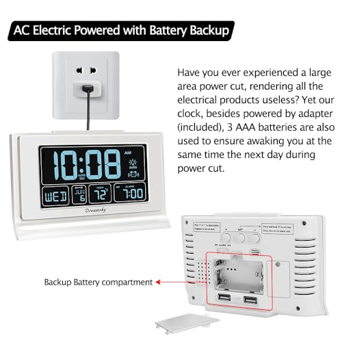 DreamSky Alarm Clocks for Bedrooms with Battery Backup, Auto Set Digital Clock with Date and Day of Week, 5 Inch Large Display with Weekday Temperature, USB Ports, Auto DST, Brightness Dimmer, 12/24H - Image 5