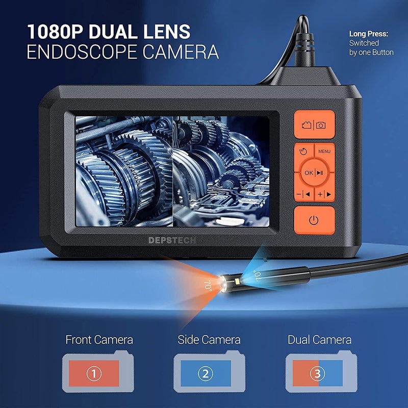 DEPSTECH Dual Lens Industrial Endoscope, 1080P Digital Borescope Inspection Camera, 7.9mm IP67 Waterproof, Sewer Camera with 4.3" LCD Screen, 7 LED Lights, 16.5FT Semi-Rigid Cable, 32GB Card - Orange - Image 2