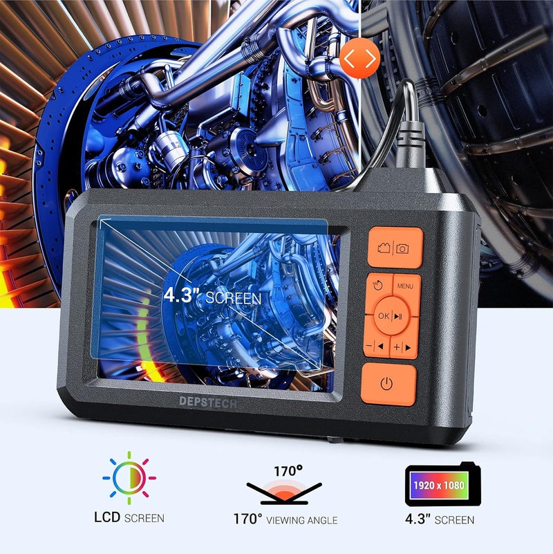 DEPSTECH Dual Lens Industrial Endoscope, 1080P Digital Borescope Inspection Camera, 7.9mm IP67 Waterproof, Sewer Camera with 4.3" LCD Screen, 7 LED Lights, 16.5FT Semi-Rigid Cable, 32GB Card - Orange - Image 5