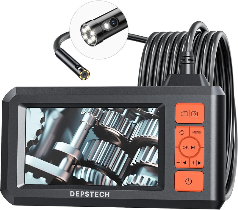 DEPSTECH Dual Lens Industrial Endoscope, 1080P Digital Borescope Inspection Camera, 7.9mm IP67 Waterproof, Sewer Camera with 4.3" LCD Screen, 7 LED Lights, 16.5FT Semi-Rigid Cable, 32GB Card - Orange - Image 1