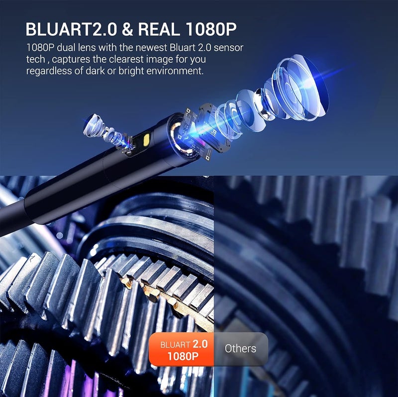 DEPSTECH Dual Lens Industrial Endoscope, 1080P Digital Borescope Inspection Camera, 7.9mm IP67 Waterproof, Sewer Camera with 4.3" LCD Screen, 7 LED Lights, 16.5FT Semi-Rigid Cable, 32GB Card - Orange - Image 3