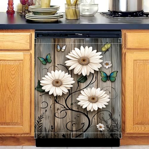 KAPLIPE Rustic Daisy Dishwasher Magnet Cover, 23x26 in Floral Butterfly Dishwasher Magnet Covers for Kitchen Decor Summer Farmhouse Dish Washer Sticker Fridge Panel Decal for All Seasons - Image 1