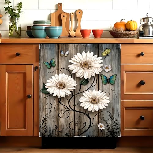 KAPLIPE Rustic Daisy Dishwasher Magnet Cover, 23x26 in Floral Butterfly Dishwasher Magnet Covers for Kitchen Decor Summer Farmhouse Dish Washer Sticker Fridge Panel Decal for All Seasons - Image 2