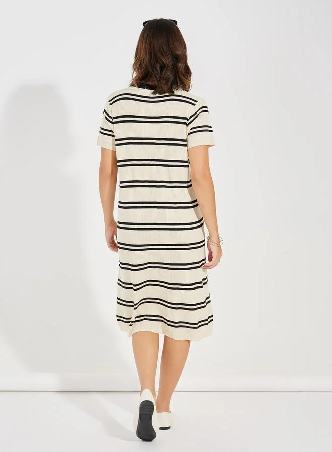 Styli Striped Knit Knee Length Dress with Buttons