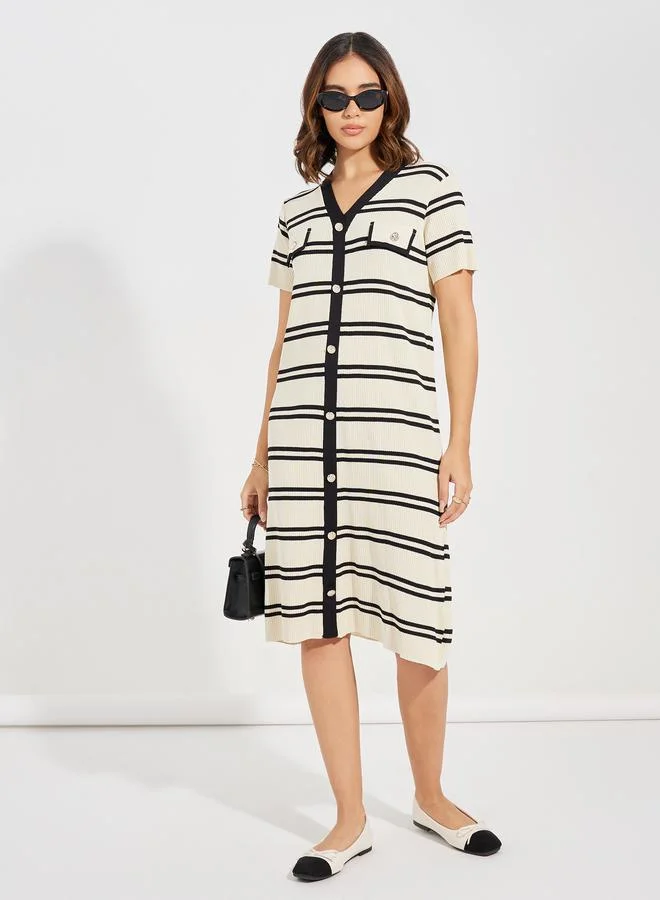 Styli Striped Knit Knee Length Dress with Buttons