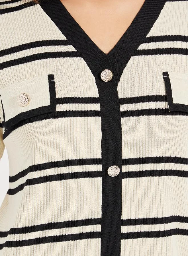 Styli Striped Knit Knee Length Dress with Buttons