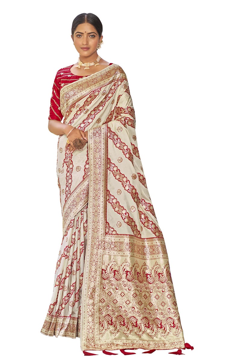 MANOHARI Most Trendy Banarasi Silk Woven Pattern Jacquard Work Saree for Women_MN1728, Beige - Image 1
