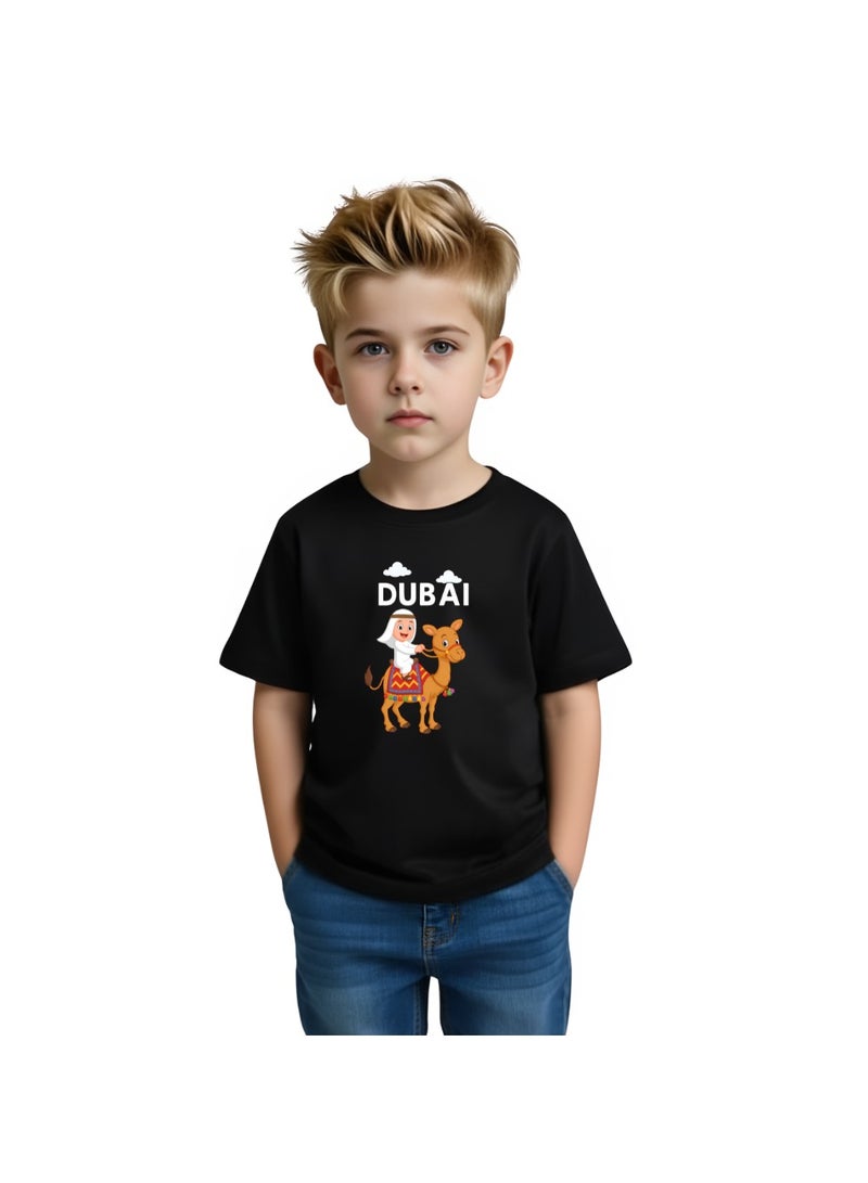 Dubai Cartoon Camel Printed Kids T-Shirt – Fun Souvenir Design For Boys – Soft Cotton Short Sleeve Tee - Image 1