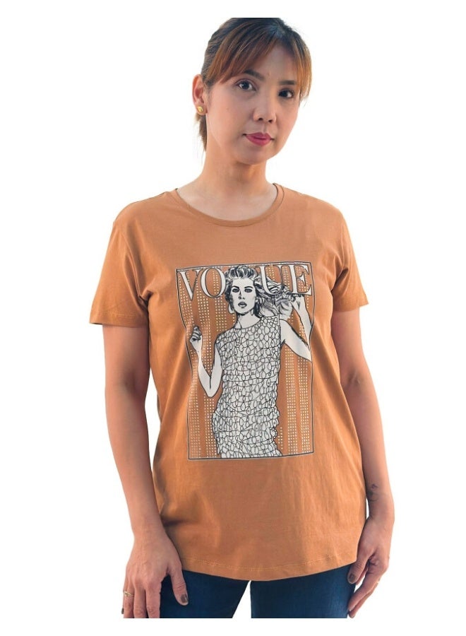 JOANNA W203044 Women's Vogue Girl Design Round Neck Short Sleeve T-Shirt - Brown - Image 1