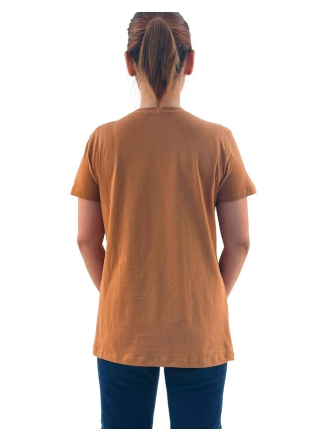 JOANNA W203044 Women's Vogue Girl Design Round Neck Short Sleeve T-Shirt - Brown - Image 3