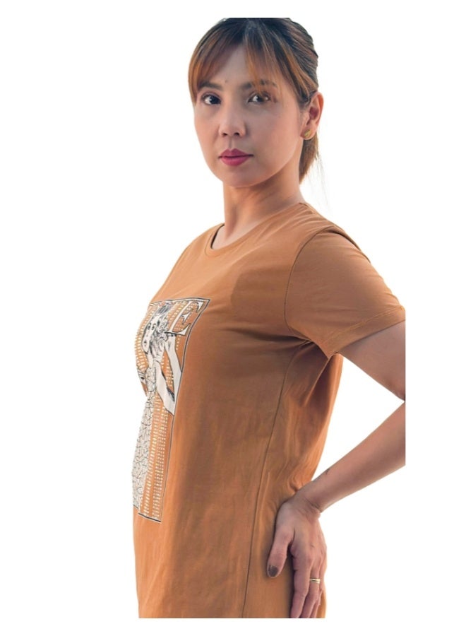 JOANNA W203044 Women's Vogue Girl Design Round Neck Short Sleeve T-Shirt - Brown - Image 2