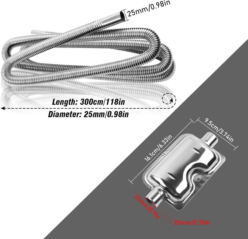 DTNESS 300cm Diesel Heater Exhaust Pipe with Muffler and Clamps, 1"/2.5cm Stainless Steel Parking Air Heater Generator Hose, 118" Diesel Gas Vent Hose - Image 2