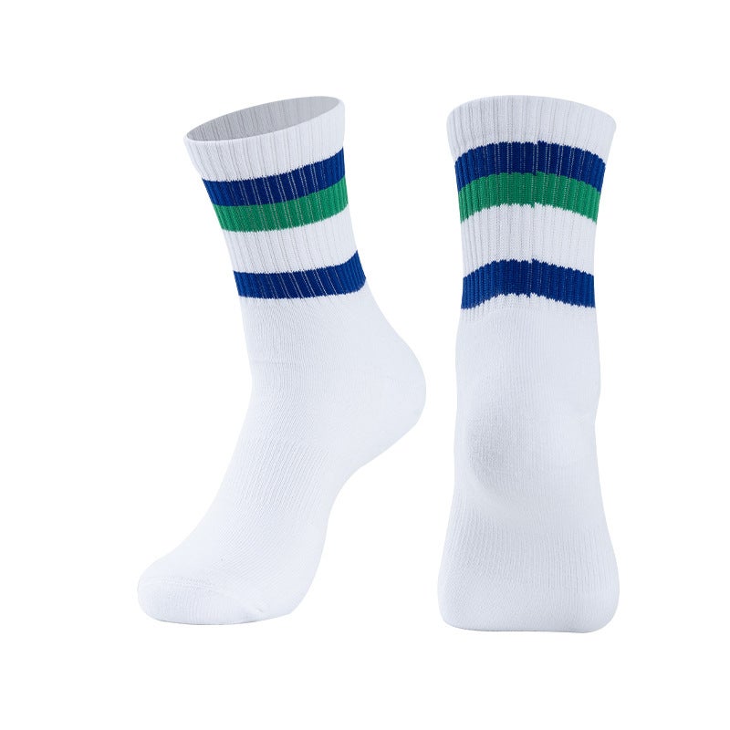 Generic Badminton Socks Striped Thickened Towel Bottom Middle Socks Student Sports Socks Training Tennis Socks Outdoor Running Socks White blue green 