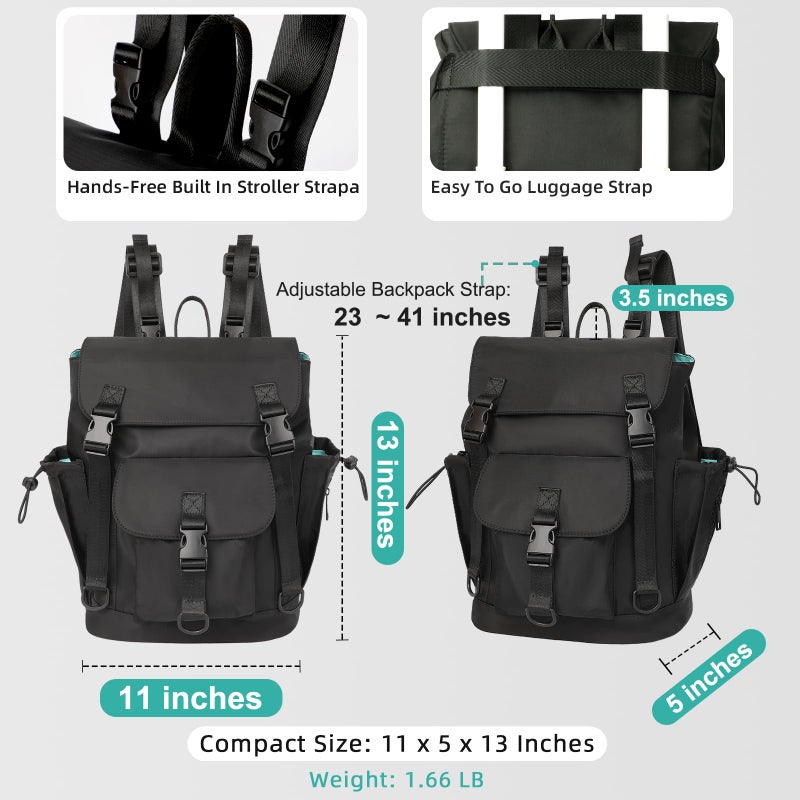 MOMINSIDE حقيبة ظهر حفاضات MOMINSIDE مع جيب مبلل كبير، حقيبة حفاضات صغيرة حقيبة أطفال ميني للبنات والأولاد، 2 جيوب معزولة، أحزمة عربة (أسود) - Image 5
