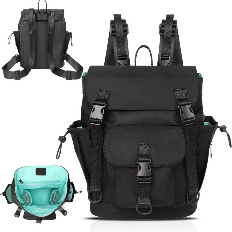 MOMINSIDE حقيبة ظهر حفاضات MOMINSIDE مع جيب مبلل كبير، حقيبة حفاضات صغيرة حقيبة أطفال ميني للبنات والأولاد، 2 جيوب معزولة، أحزمة عربة (أسود) - Image 1