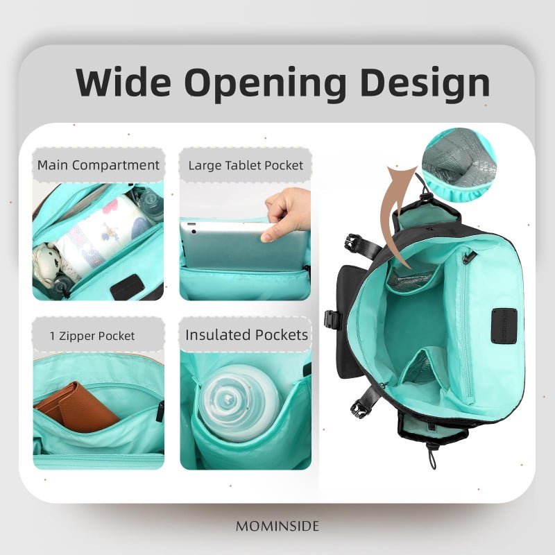 MOMINSIDE حقيبة ظهر حفاضات MOMINSIDE مع جيب مبلل كبير، حقيبة حفاضات صغيرة حقيبة أطفال ميني للبنات والأولاد، 2 جيوب معزولة، أحزمة عربة (أسود) - Image 4