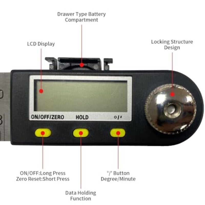 منقلة مسطرة زاوية رقمية قطعة واحدة لعمال البناء من الفولاذ المقاوم للصدأ شاشة LCD عقد/وظيفة الدوران قياس مم/بوصة 8 بوصة/200 مم إضاءة خلفية زرقاء - Image 5