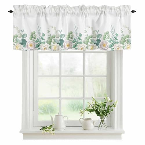 YOKOU Eucalyptus Leaves Curtain Valance, Summer Watercolor Green Leaf Flower Short Rod Pocket Window Treatment for Living Room, Bedroom, Kitchen, Bathroom, 1 Panel, 54" W x 18" L - Image 1