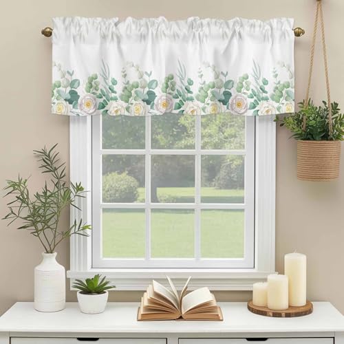 YOKOU Eucalyptus Leaves Curtain Valance, Summer Watercolor Green Leaf Flower Short Rod Pocket Window Treatment for Living Room, Bedroom, Kitchen, Bathroom, 1 Panel, 54" W x 18" L - Image 3