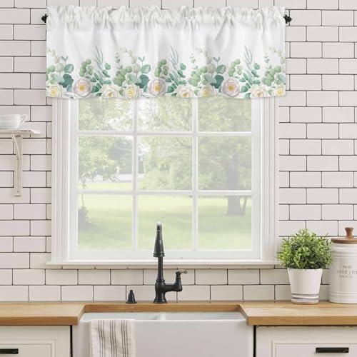 YOKOU Eucalyptus Leaves Curtain Valance, Summer Watercolor Green Leaf Flower Short Rod Pocket Window Treatment for Living Room, Bedroom, Kitchen, Bathroom, 1 Panel, 54" W x 18" L - Image 4