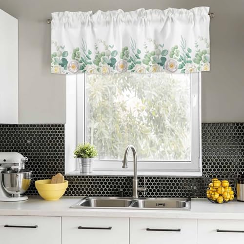 YOKOU Eucalyptus Leaves Curtain Valance, Summer Watercolor Green Leaf Flower Short Rod Pocket Window Treatment for Living Room, Bedroom, Kitchen, Bathroom, 1 Panel, 54" W x 18" L - Image 2