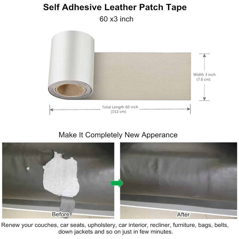 ILOFRI Self Adhesive Leather Repair Patch Tape 3x60 inch, Vinyl and Leather Repair Kit for Couches, Furniture, Car Seat, Boat Seat, Sofa, Vinyl Upholstery, Chair, Interior - Ivory - Image 3